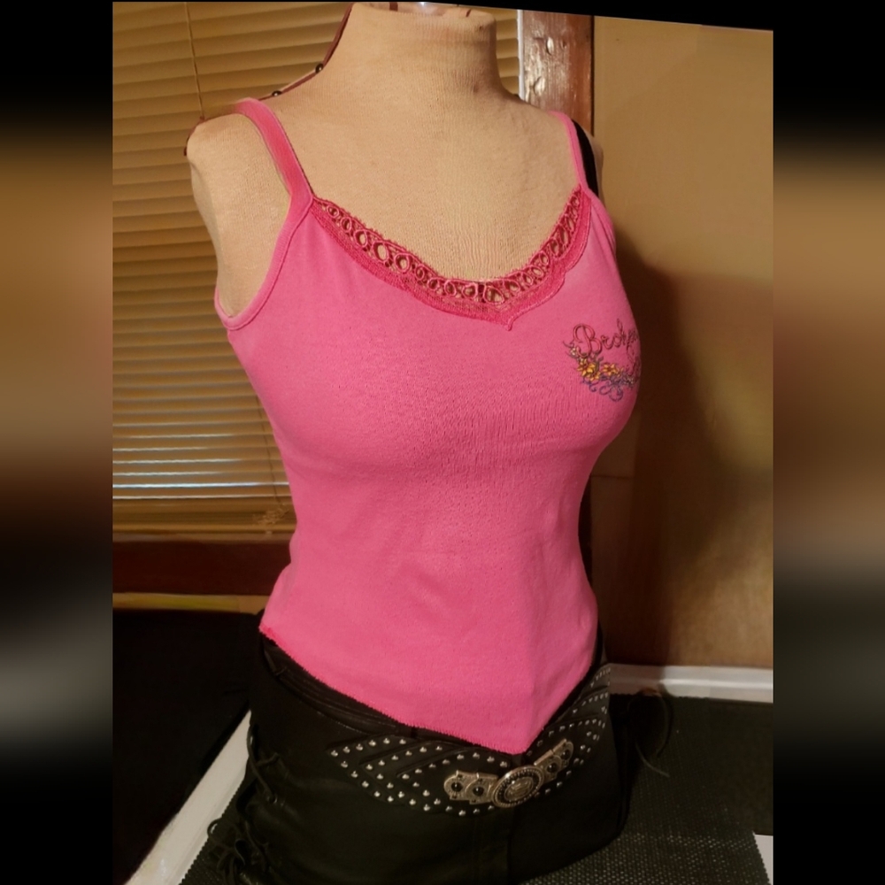 Vtg Y2K pink Broken Spoke saloon embroidered graphic cut out handkerchief tank M - Picture 11 of 17